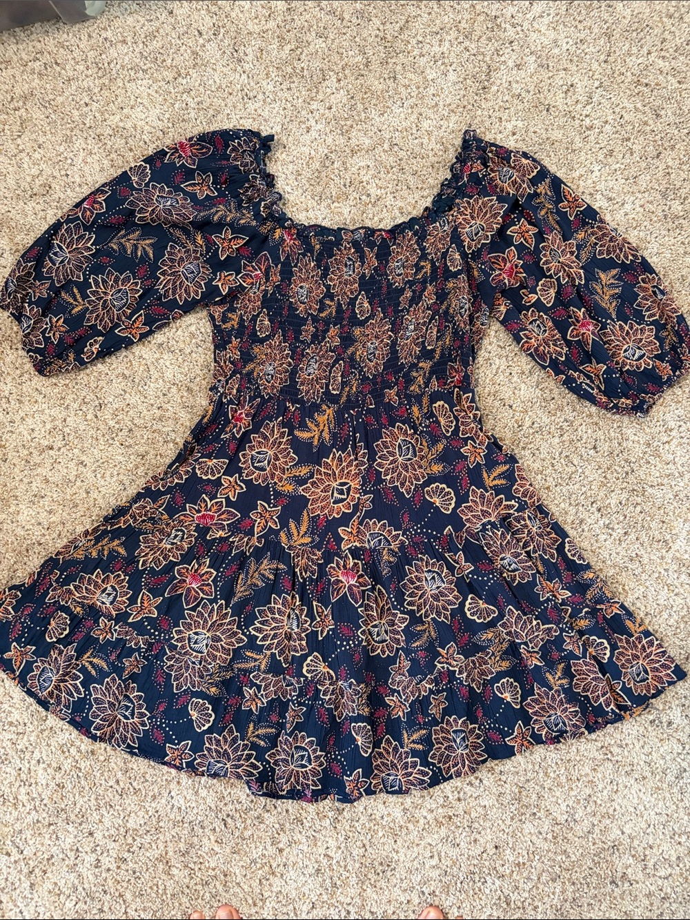 Angie Navy Floral Smocked Waist Mini Dress with Puff Sleeves